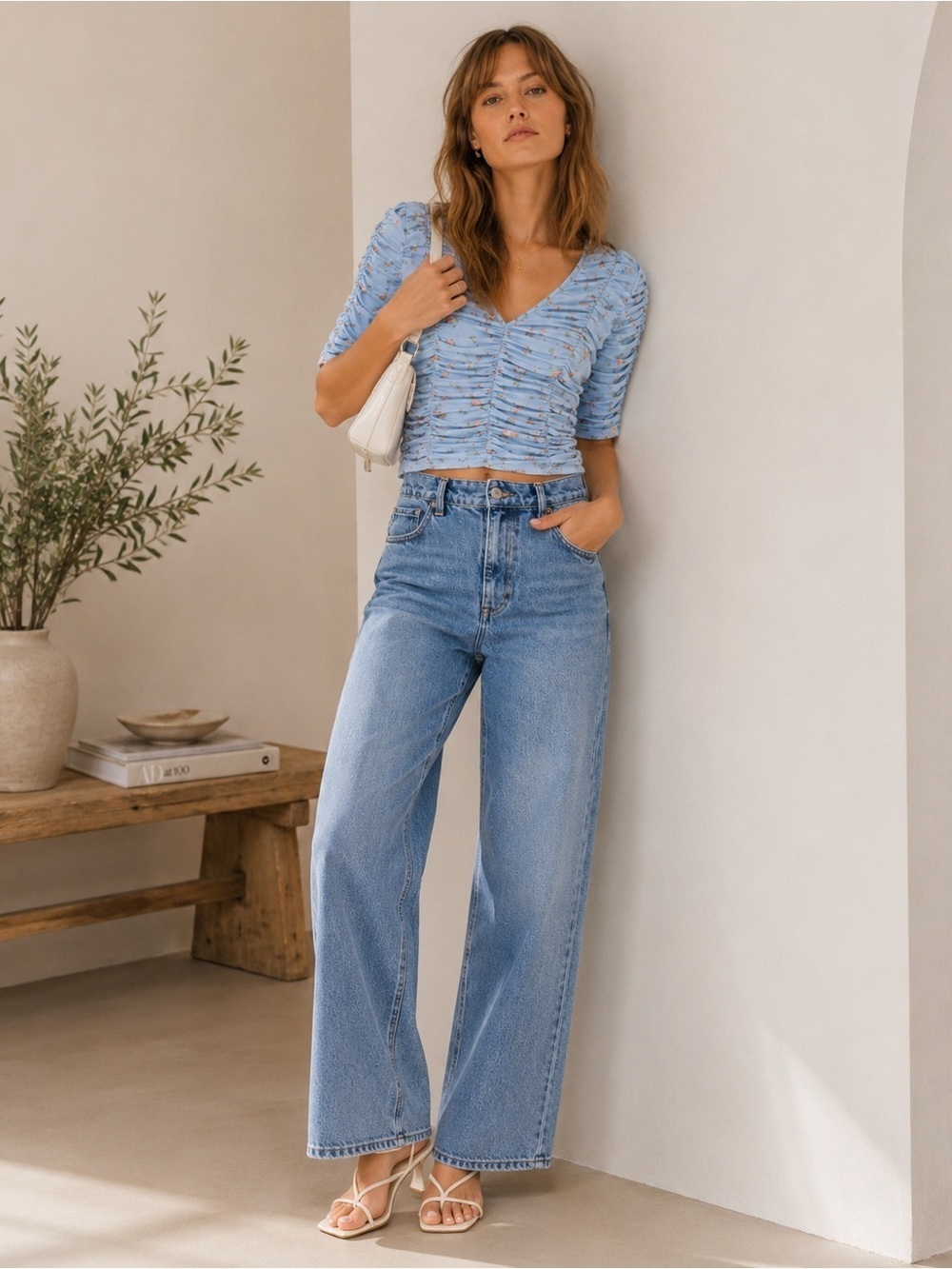 Zara Blue Tulle Flower Print V Neck Blouse 0003/416